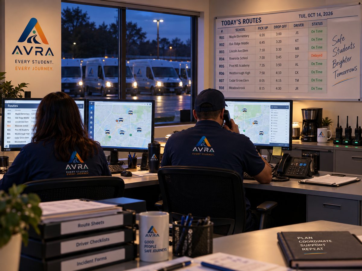 Two dispatchers at desks with route maps on their monitors before dawn